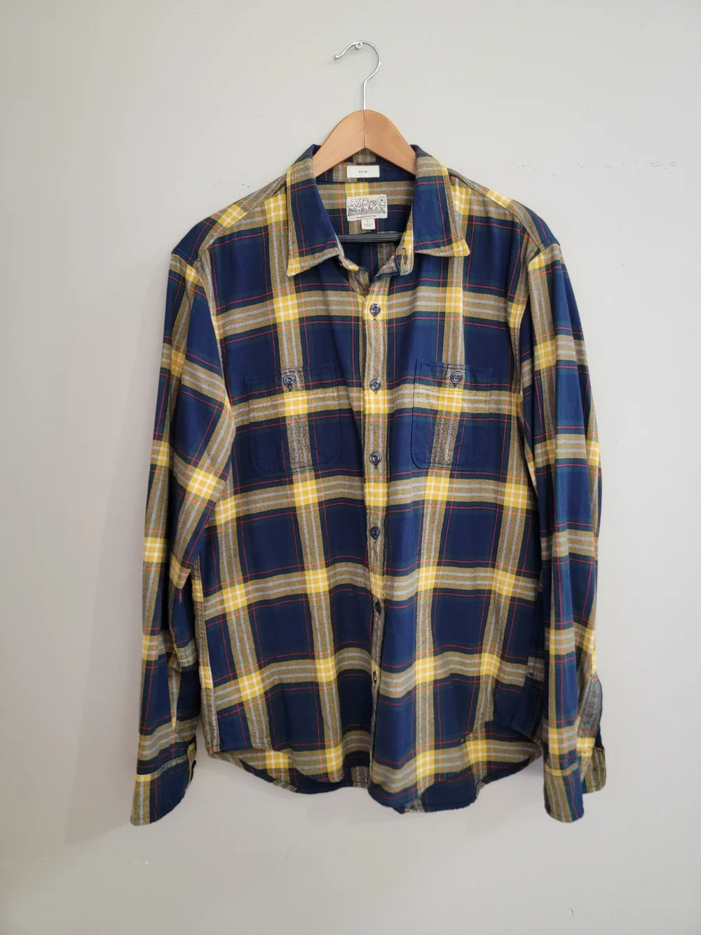 J. Crew Men's Navy and Yellow Plaid Button-Down Shirt Size Slim Large